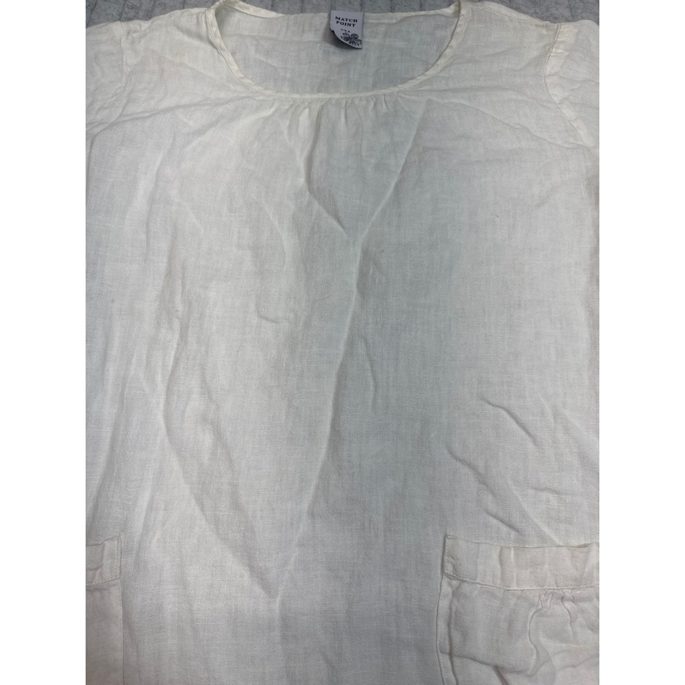Match Point USA White Linen Tunic Top Short Sleeve Pocket Relaxed Lagenlook XL
